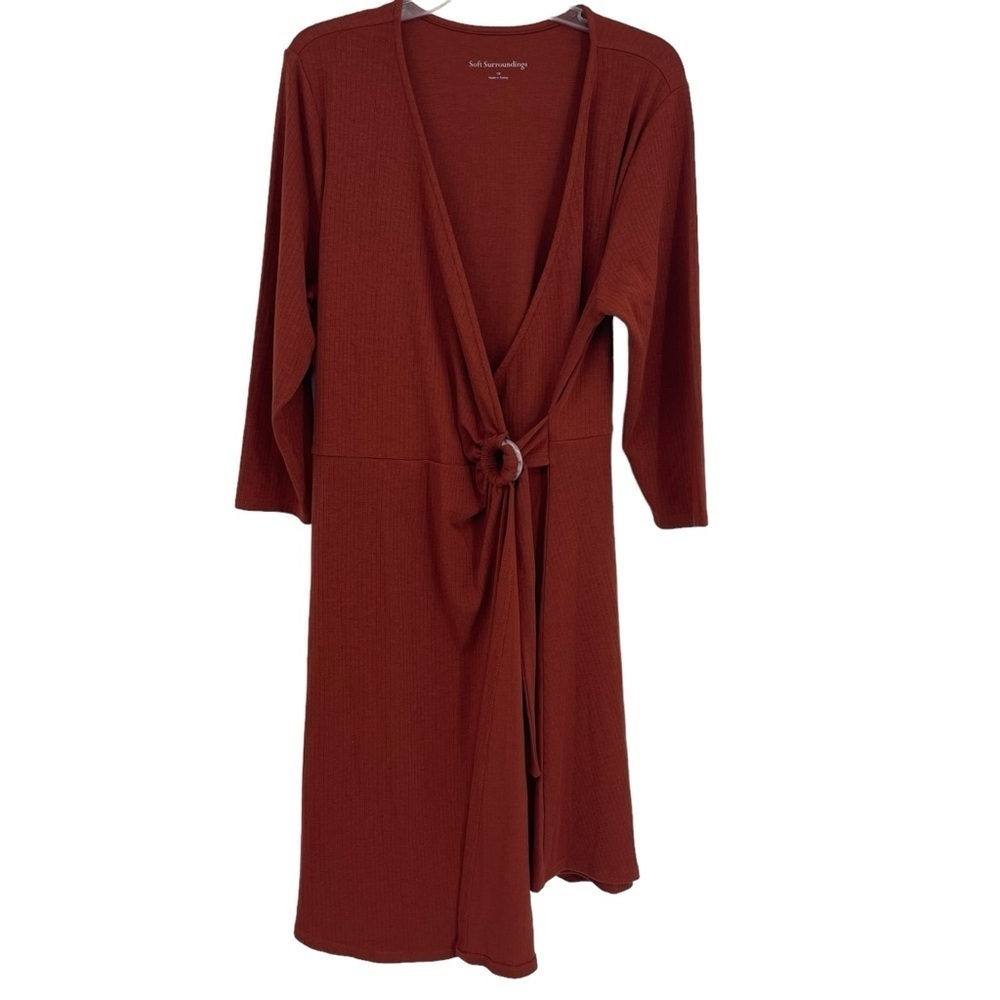 Soft Surroundings Dress Size 1X Womens V Neck Moc Wrap Ribbed Knit Rust Red